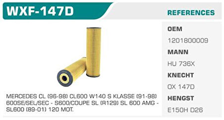 Winkel WXF-147D Yağ Filtresi Mercedes Sl Renault 129 SL 600 394Hp 92-01 Eco Kolı: 50 Ad FN1106