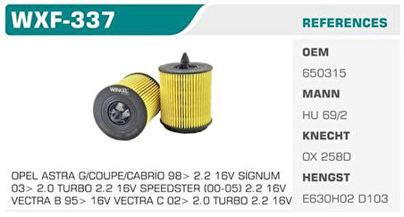 Winkel WXF-337 Yağ Filtresi Astra G Vectra B C Insignia Zafira 2.0 2.2 16V Kolı: 50 Ad 