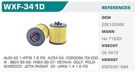 Winkel WXF-341D Yağ Filtresi Golf V Polo Jetta Passat A3 Fabia Octavia 1.4 1.6 FSI Kolı: 50 Ad FN1089
