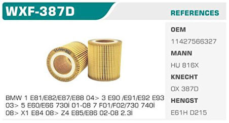 Winkel WXF-387D Yağ Filtresi BMW 1 06-BMW 3 12-BMW 5 11-BMW Z4 10-BMW X3 06-Eco Mann Tipi Kolı: 50 Ad FN1108