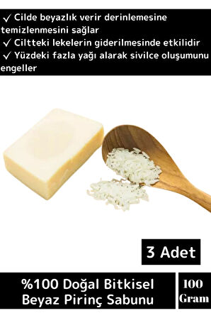 Özel Üretim Cilt Sorunlarında Etkili %100 Doğal Proteinli Beyaz Pirinç Sabunu 3 Adet