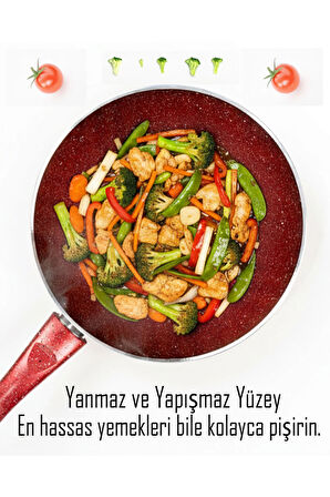 Granit Kırmızı Wok Tava | 26 cm | Yapışmaz Yüzey