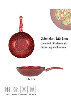 Granit Kırmızı Wok Tava | 26 cm | Yapışmaz Yüzey