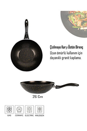Granit Siyah Wok Tava | 26 cm | Yapışmaz Yüzey