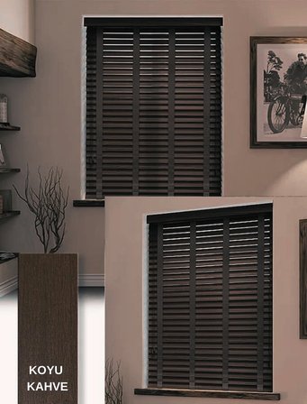 Wooden Blinds %100 Doğal Ahşap Jaluzi Perde 50mm,Alüminyum Kasalı Yüksek Kaliteli - Koyu Kahve (KURDELALI) WOOD/X011PWB