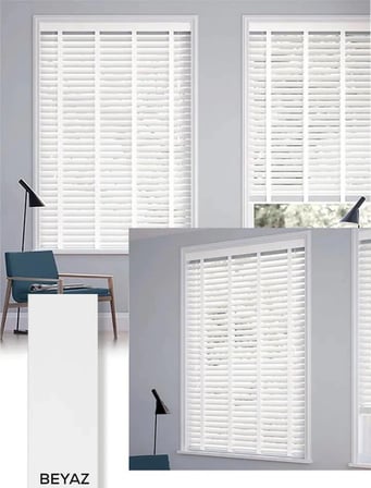 Wooden Blinds %100 Doğal Ahşap Jaluzi Perde 50mm, Alüminyum Kasalı Yüksek Kaliteli - Beyaz 001PWB (Kurdelalı)