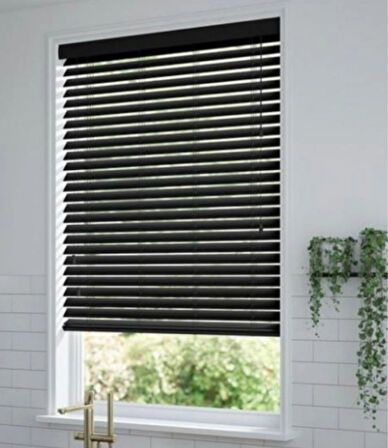 Wooden Blinds %100 Doğal Ahşap Jaluzi Perde 50mm, Alüminyum Kasalı Yüksek Kaliteli - Siyah