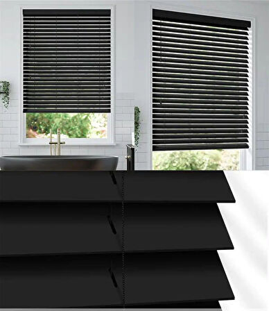 Wooden Blinds %100 Doğal Ahşap Jaluzi Perde 50mm, Alüminyum Kasalı Yüksek Kaliteli - Siyah