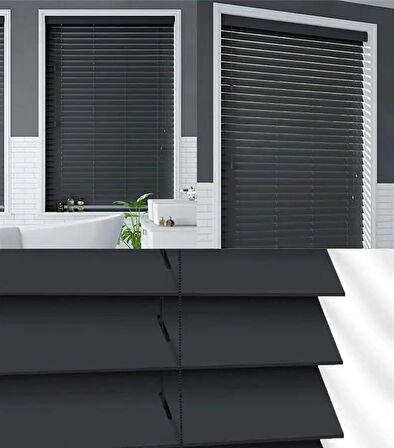 Wooden Blinds %100 Doğal Ahşap Jaluzi Perde 50mm, Alüminyum Kasalı Yüksek Kaliteli - Antrasit (KURDELASIZ)