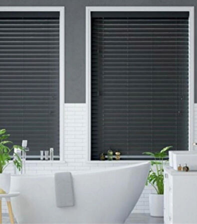 Wooden Blinds %100 Doğal Ahşap Jaluzi Perde 50mm, Alüminyum Kasalı Yüksek Kaliteli - Antrasit (KURDELASIZ)