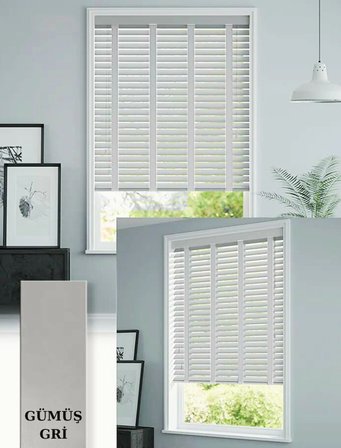 Wooden Blinds %100 Doğal Ahşap Jaluzi Perde 50mm,Alüminyum Kasalı Yüksek Kaliteli - Açık Gri (KURDELALI)