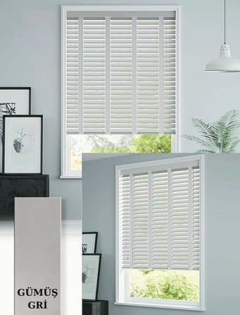 Wooden Blinds %100 Doğal Ahşap Jaluzi Perde 50mm,Alüminyum Kasalı Yüksek Kaliteli - Açık Gri (KURDELALI)