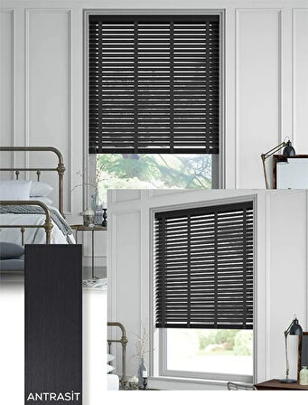 Wooden Blinds %100 Doğal Ahşap Jaluzi Perde 50mm, Alüminyum Kasalı Yüksek Kaliteli - Antrasit