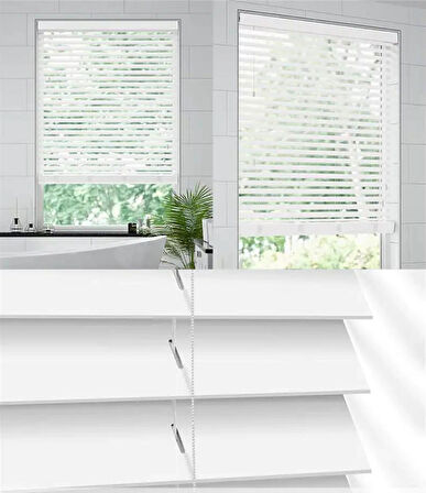 Wooden Blinds %100 Doğal Ahşap Jaluzi Perde 50mm, Alüminyum Kasalı Yüksek Kaliteli - Beyaz (Kurdelasız)