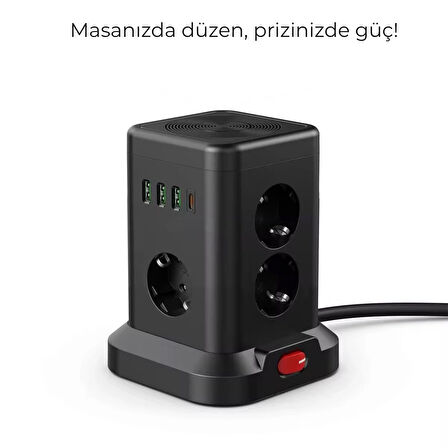 3 USB-A + 1 Type-C Çıkışlı Kule Tipi Akım Korumalı Çoklu Priz – Tek Tuş Kontrollü Masaüstü Tasarım