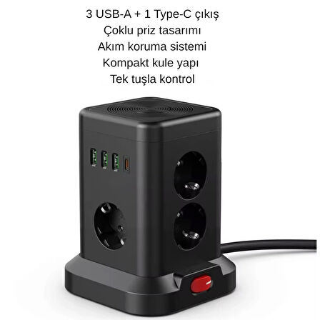 3 USB-A + 1 Type-C Çıkışlı Kule Tipi Akım Korumalı Çoklu Priz – Tek Tuş Kontrollü Masaüstü Tasarım