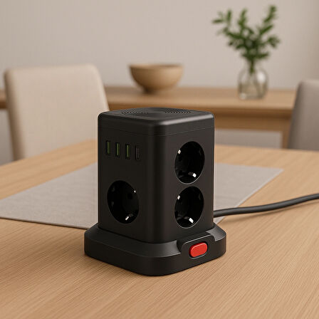 3 USB-A + 1 Type-C Çıkışlı Kule Tipi Akım Korumalı Çoklu Priz – Tek Tuş Kontrollü Masaüstü Tasarım