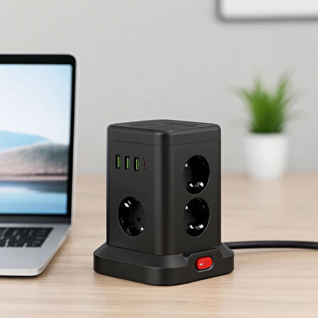 3 USB-A + 1 Type-C Çıkışlı Kule Tipi Akım Korumalı Çoklu Priz – Tek Tuş Kontrollü Masaüstü Tasarım