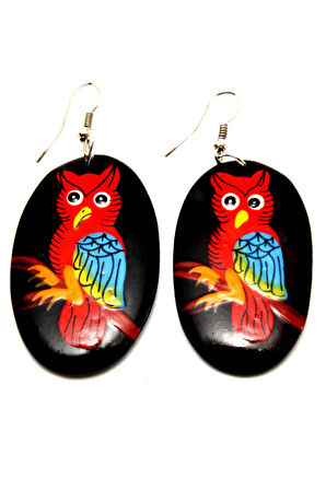 Ahşap Kırmızı Baykuş Küpe