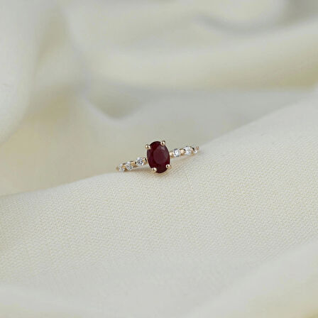 Kırmızı Oval Taşlı 925 Ayar Minimal Rose Gümüş Yüzük (4 TIRNAK) -anneler Günü Hediye