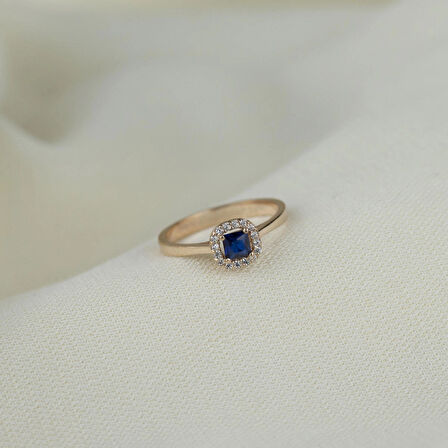 Mavi Kare Taşlı 925 Ayar Minimal Rose Gümüş Yüzük 