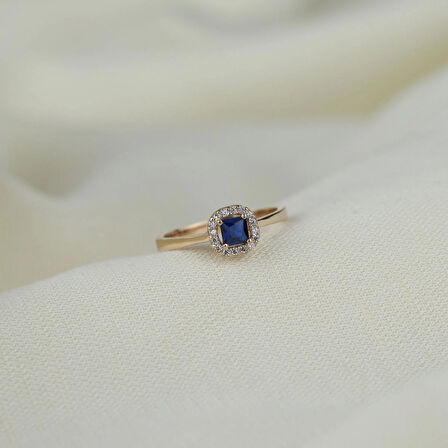 Mavi Kare Taşlı 925 Ayar Minimal Rose Gümüş Yüzük 