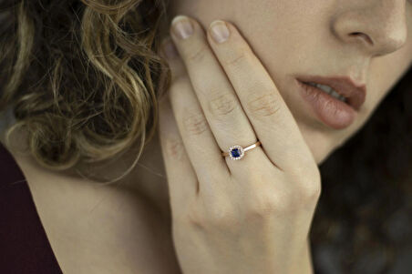 Mavi Kare Taşlı 925 Ayar Minimal Rose Gümüş Yüzük 