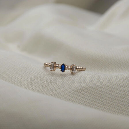 Mavi Ve Beyaz Taşlı 925 Ayar Minimal Rose Gümüş Yüzük