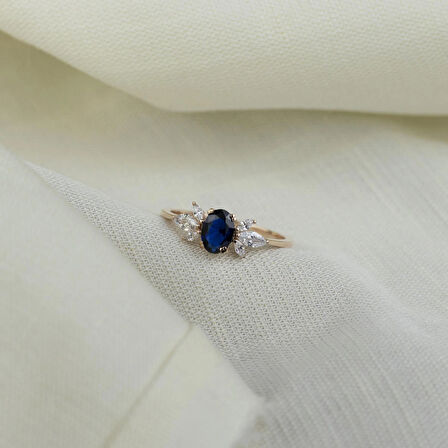 Mavi Oval Taşlı 925 Ayar Minimal Rose Gümüş Yüzük-anneler Günü Hediye