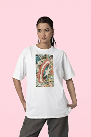 Avengers Kaptan Amerika Karikatür Baskılı Unisex Oversize Tişört