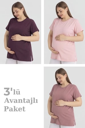 Özel Üretim Gebe Ürünü Ev Giyimi Pamuklu Kısa Kollu Hamile Tişört 3'lü Paket
