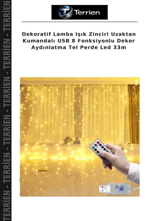 Dekoratif Lamba Işık Zinciri Uzaktan Kumandalı USB 8 Fonksiyonlu Dekor Aydınlatma Tel Perde Led 33m