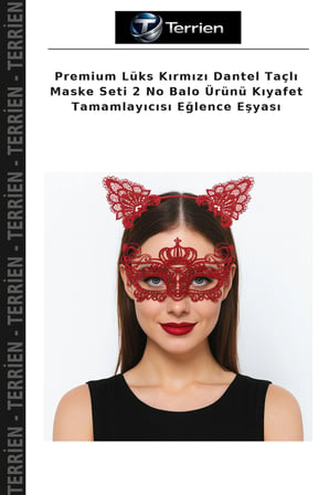 Premium Lüks Kırmızı Dantel Taçlı Maske Seti 2 No Balo Ürünü Kıyafet Tamamlayıcısı Eğlence Eşyası