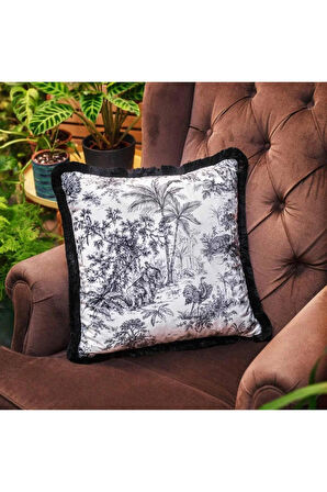 Siyah Tropikal Orman Yastık/Kırlent (Dolgu Boncuk Elyaf, Ulusl. Yıkama Ve Solmama Sertifikası)