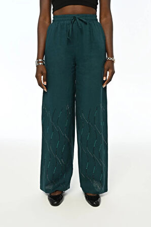 KADIN %100 KETEN NAKIŞ İŞLEMELİ RAHAT KALIP BOL PAÇA PETROL RENK PANTOLON