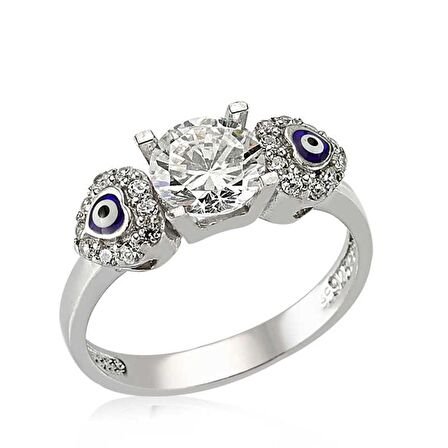 Gümüş Kalp Nazarlı Tek Taş Kadın Yüzük