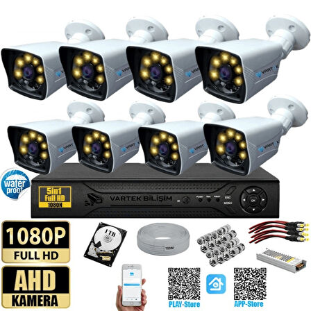 8 Kameralı 1 TB HDD Gece Renkli 5MP Lensli 1080P FULLHD Kamera Seti - Sabit İP Gerektirmez-Tak Çalıştır