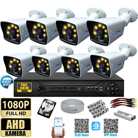 8 Kameralı 320 GB HDD Gece Renkli 5MP Lensli 1080P FULLHD Kamera Seti - Sabit İP Gerektirmez-Tak Çalıştır