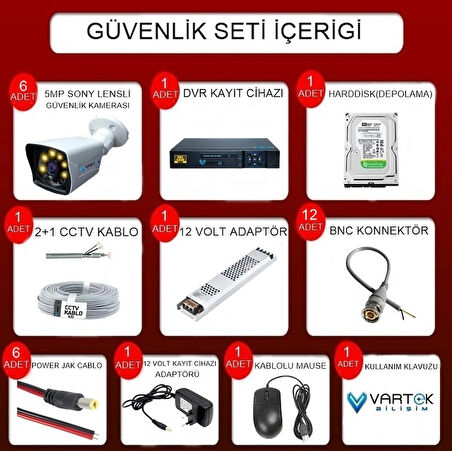 6 Kameralı 500 GB HDD Gece Renkli 5MP Lensli 1080P FULLHD Kamera Seti - Sabit İP Gerektirmez-Tak Çalıştır