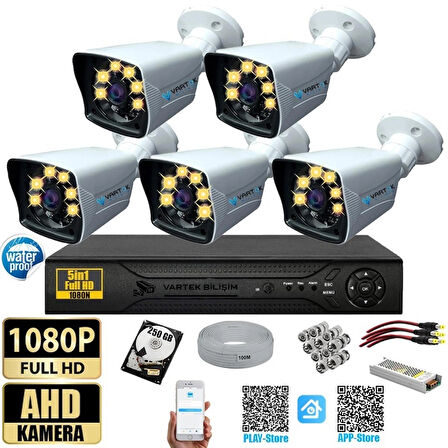 5 Kameralı 250 GB HDD Gece Renkli 5MP Lensli 1080P FULLHD Kamera Seti - Sabit İP Gerektirmez-Tak Çalıştır