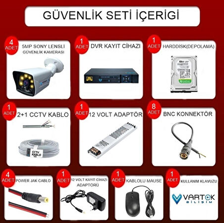 4 Kameralı 500 GB HDD Gece Renkli 5MP Lensli 1080P FULLHD Kamera Seti - Su Gecirmez- Sabit İP Gerektirmez