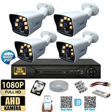 4 Kameralı 250 GB HDD Gece Renkli 5MP Lensli 1080P FULLHD Kamera Seti - Su Gecirmez- Sabit İP Gerektirmez
