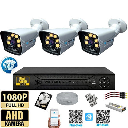3 Kameralı 320 GB HDD Gece Renkli 5MP Lensli 1080P FULLHD Kamera Seti - Su Gecirmez- Sabit İP Gerektirmez