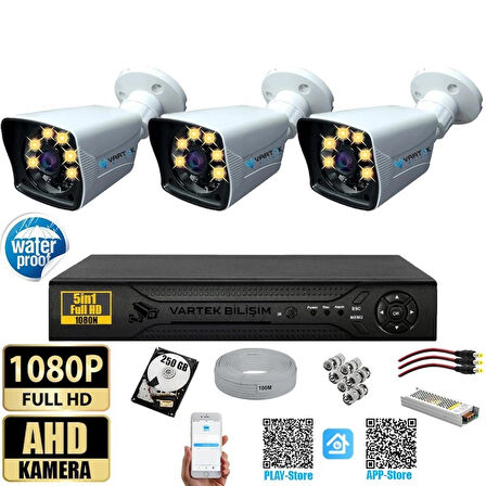 3 Kameralı 250 GB HDD Gece Renkli 5MP Lensli 1080P FULLHD Kamera Seti - Su Gecirmez- Sabit İP Gerektirmez