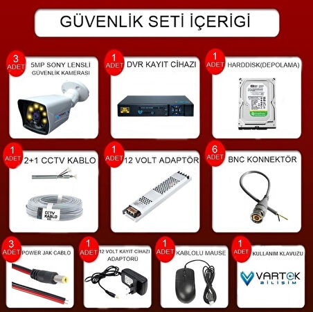 3 Kameralı 250 GB HDD Gece Renkli 5MP Lensli 1080P FULLHD Kamera Seti - Su Gecirmez- Sabit İP Gerektirmez