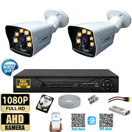 2 Kameralı 250 GB HDD Gece Renkli 5MP Lensli 1080P FULLHD Kamera Seti - Su Gecirmez- Sabit İP Gerektirmez