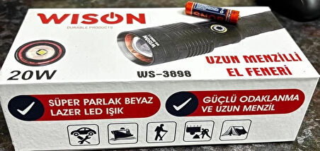 Wıson Ws-3898 Uzun Menzilli 20w Profesyonel El Feneri Siyah