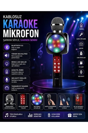 WS-1816 Bluetooth Speaker Karaoke Mikrofonlu Kablosuz Hoparlör Hafıza Kartı ve Usb Girişli Şarjlı Rgb Led Işıklı Müzikçalar