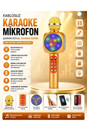 WS-1816 Bluetooth Speaker Karaoke Mikrofonlu Kablosuz Hoparlör Hafıza Kartı ve Usb Girişli Şarjlı Rgb Led Işıklı Müzikçalar