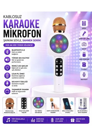 WS-1816 Bluetooth Speaker Karaoke Mikrofonlu Kablosuz Hoparlör Hafıza Kartı ve Usb Girişli Şarjlı Rgb Led Işıklı Müzikçalar